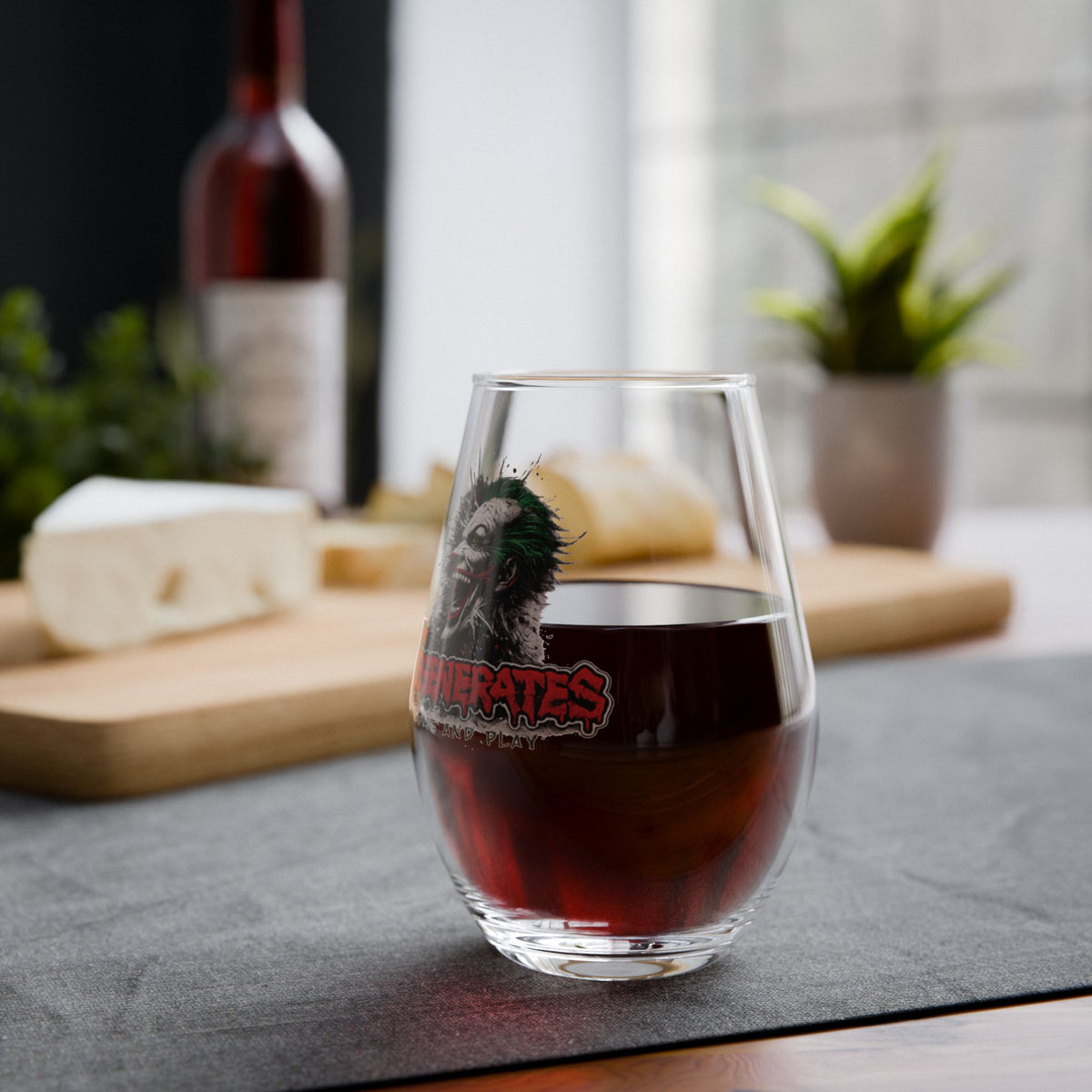 Stemless Wine Glass with Horror Joker Skull Logo — "The Degenerates" 11.75oz