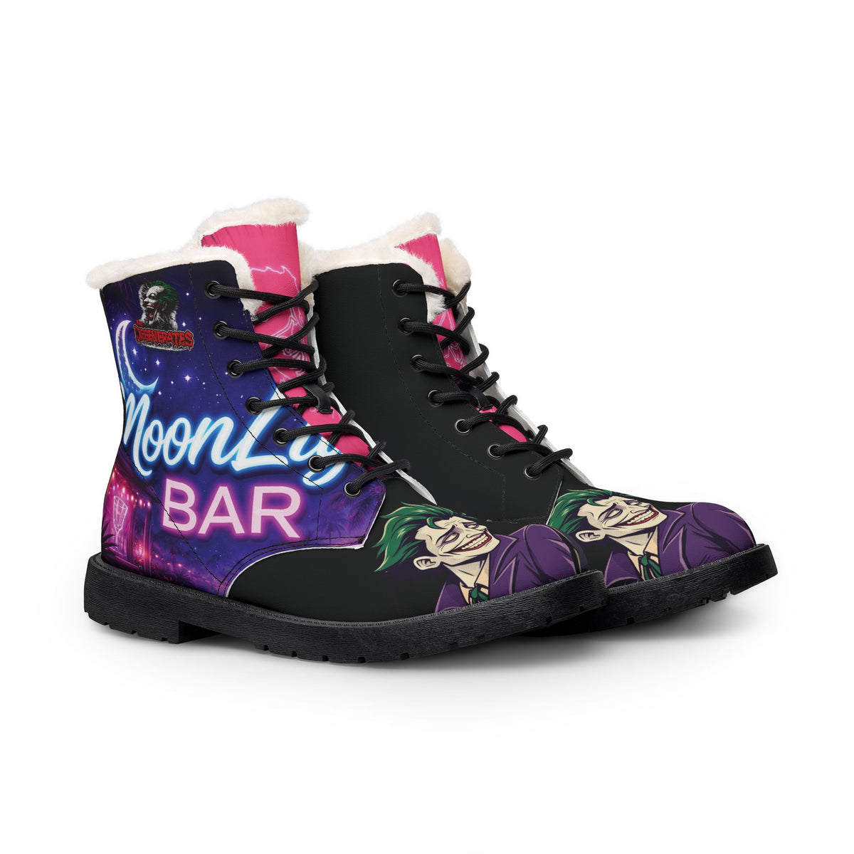 Women's Fur-Lined Leather Boots — Neon "MoonLuv Bar" Comic Joker/Deadpool Design Limited design