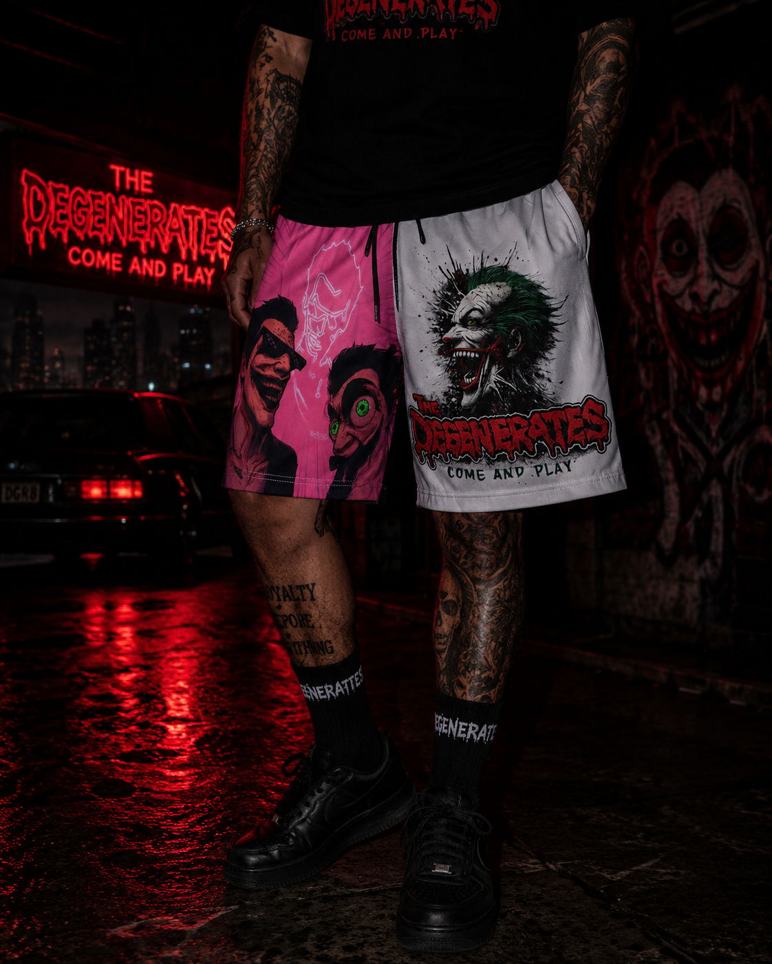 Men's Swim Shorts — Neon Joker 'The Degenerates' Graphic Mid-Length Trunks